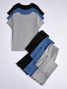 3pcs Set Women's Solid Color Top & Lettuce Hem Pants Comfortable Pajama Set Outfit - Multicolor - View 2