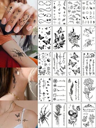 (每套 12 片) 创意黑色小设计临时纹身贴纸，逼真的树枝、星空、蝴蝶花朵纹身适合男女，防水，适用于手臂、脸、手指和颈部