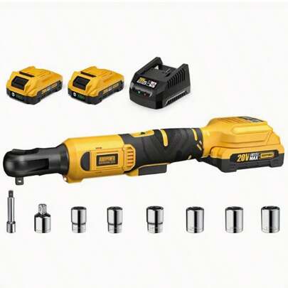 Juego de llaves de trinquete inalámbricas de 3/8", trinquete eléctrico de 60 pies-libras (80 N.m), 2 llaves de trinquete recargables de 20 V con velocidad variable, luz LED, 6 enchufes, varilla de extensión de 3", adaptador de 1/4"