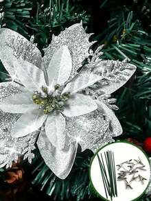 1 件闪光人造圣诞花圣诞树饰品圣诞快乐家居装饰品新年礼物 - 彩色 - 查看 7