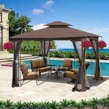 10x10 Outdoor Patio Gazebo Canopy Tent With Ventilated Double Roof And Mosquito Net(Detachable Mesh Screen On All Sides),Suitable For Lawn, Garden, Backyard And Deck,Brown Top - Brown - View 1
