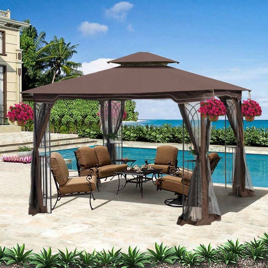 10x10 Outdoor Patio Gazebo Canopy Tent With Ventilated Double Roof And Mosquito Net(Detachable Mesh Screen On All Sides),Suitable For Lawn, Garden, Backyard And Deck,Brown Top - Brown - View 1