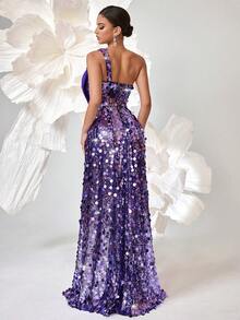 Váy dạ hội dài đính nơ trang trí sequin, váy dạ hội trang trọng, cho tiệc tối khách dự tiệc cưới - Màu tím - Xem 2