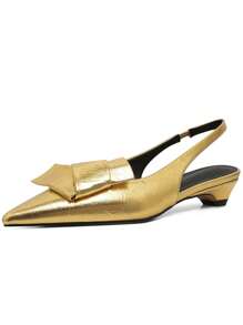 Women's Kitten Heels Slingback Pumps Bow Knot Pointed Closed Toe Thick Low Heels Pumps Woman Wedding Bridal Dress Shoes - 金色 - 查看 5