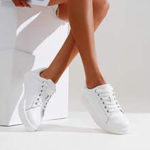 Comfyshoes Women's Fashion Sports Shoes, Leather Sneakerss, Casual Sports Shoes Low Platform Walking Shoes - 白色 - 查看 1
