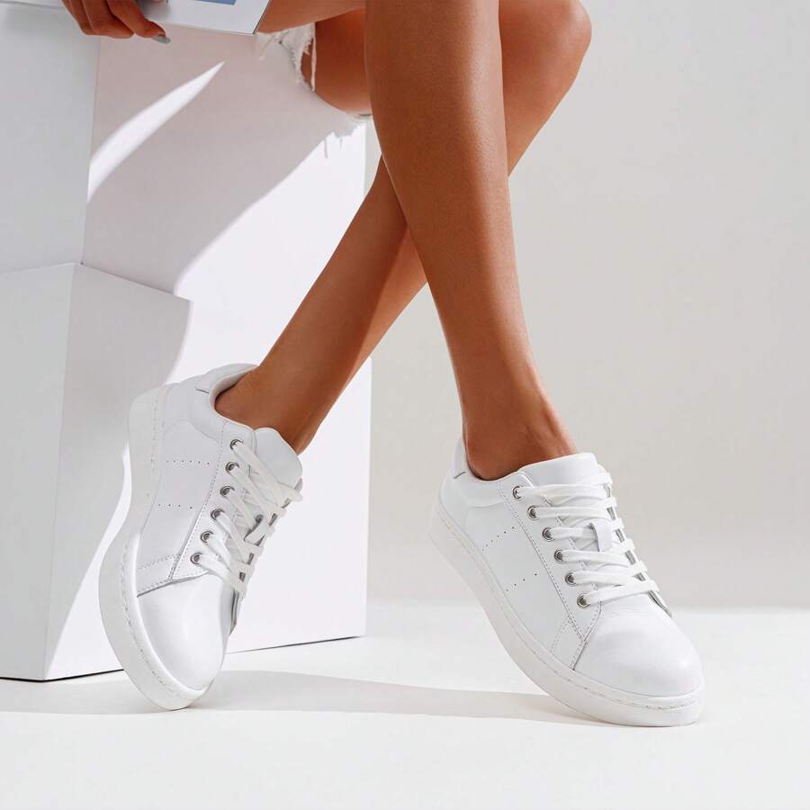 Comfyshoes Women's Fashion Sports Shoes, Leather Sneakerss, Casual Sports Shoes Low Platform Walking Shoes - 白色 - 查看 1