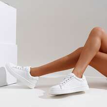 Comfyshoes Women's Fashion Sports Shoes, Leather Sneakerss, Casual Sports Shoes Low Platform Walking Shoes - 白色 - 查看 2