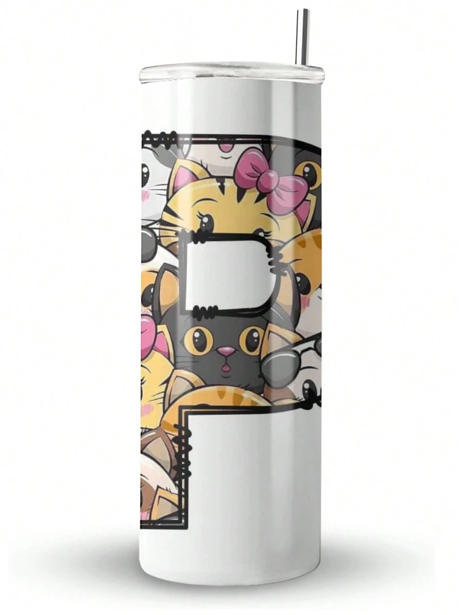 Termo Skinny De Acero Con Popote 600ml Letras Gatitos A a la Z - Letra P - Ver 1