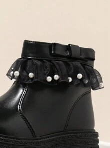 Girls' Pearl Decor Leather Boots, Children Short Boots, Soft Sole British Style Cute Ankle Boots, Autumn/Winter - Black - View 6