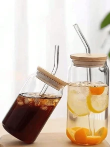 1 件，450 毫升/550 毫升透明玻璃，带吸管和竹盖 - 透明色 - 查看 8