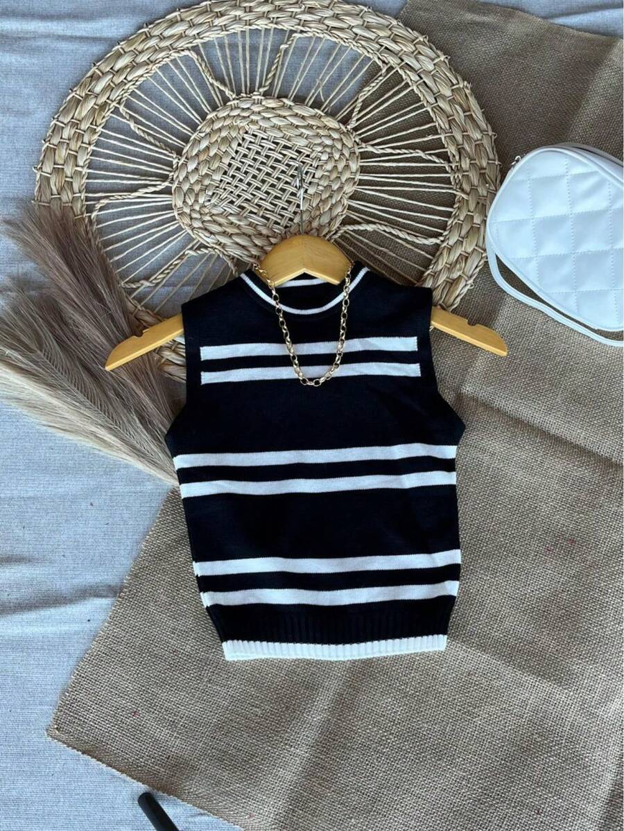 Cropped Regata Modal Tricot Striped Women's Fashion 147 - màu đen - Xem 1