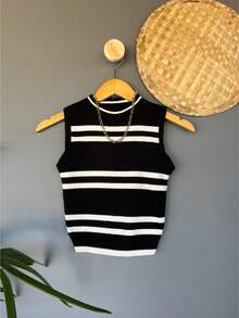 Cropped Regata Modal Tricot Striped Women's Fashion 147 - màu đen - Xem 3