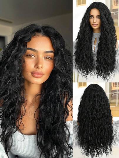 这是一款 28 英寸长蓬松黑色中卷假发，专为女性设计，适合女性节日角色扮演万圣节圣诞节日常使用