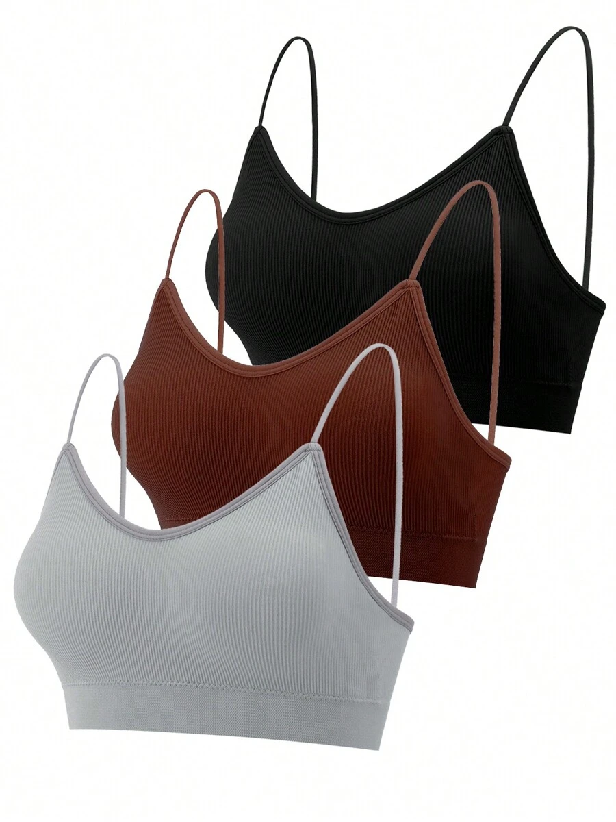3 Pcs Padded Bralettes For Women Wireless Cami Bras Tank Top Sport Bras Comfort Seamless V Neck With Removable Pads For Girls Laddies Everyday Camisole Basic Bra - 黑色,灰色,焦糖色 - 查看 1