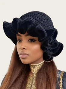 1 件女士手工钩编荷叶边针织贝雷帽，成人软边钟形帽，轻质镂空蕾丝无檐小便帽，有弹性，Y2K 风格，适合日常穿着、摄影、聚会、野餐、户外活动，保暖、防风、保暖耳朵、圣诞节