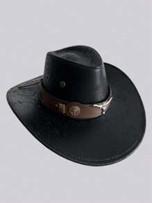 1 pièce Chapeau de soleil avec ceinture et décoration à rivets, casquette de jazz unisexe pour les activités de plein air au printemps, en été et en automne. Chapeau à large bord et style de cow-boy occidental