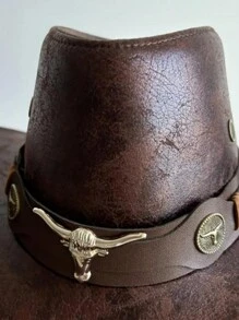 1 pièce Chapeau de soleil avec ceinture et décoration à rivets, casquette de jazz unisexe pour les activités de plein air au printemps, en été et en automne. Chapeau à large bord et style de cow-boy occidental