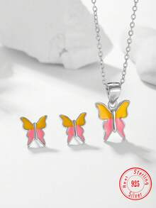 3 Stücke 925 Sterling Silber süßer Schmetterling Schmuckset - Ohrringe, Halskette, für Kinder, Alltags- und Feiertagstragen