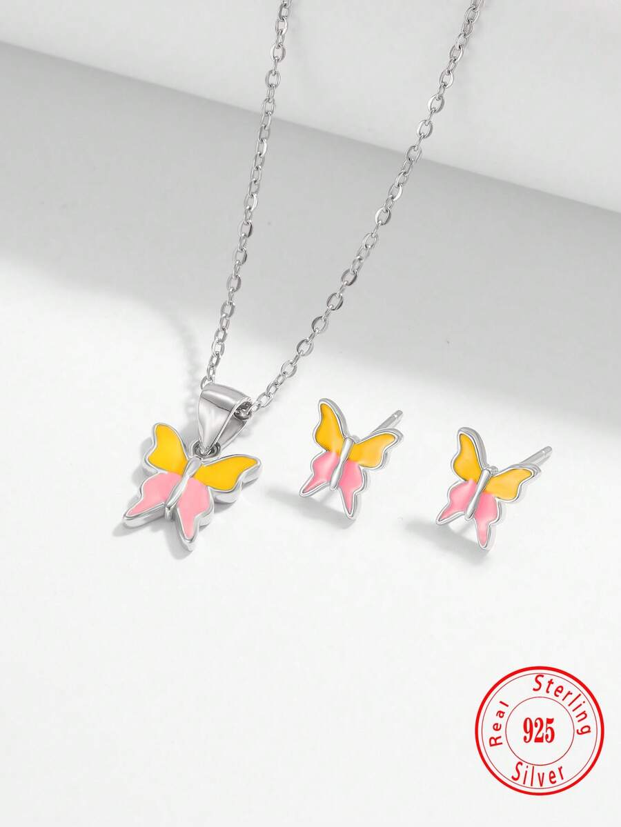 3 Stücke 925 Sterling Silber süßer Schmetterling Schmuckset - Ohrringe, Halskette, für Kinder, Alltags- und Feiertagstragen