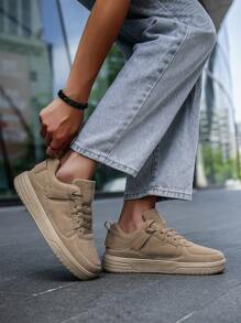 Men's Comfy High Top Leather Splicing Sneakers, Couple's Versatile Shock Absorption Sports Shoes, Classic Black Lace-Up Retro High-Soled Flat Walking Shoes, Suitable For Jeans Active Wear - Khaki - View 10