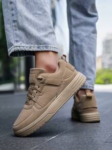 Men's Comfy High Top Leather Splicing Sneakers, Couple's Versatile Shock Absorption Sports Shoes, Classic Black Lace-Up Retro High-Soled Flat Walking Shoes, Suitable For Jeans Active Wear - Khaki - View 9