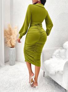 AIJ Amarilo V 领长袖褶饰修身中长连衣裙，适合派对、度假休闲 - 查看 2