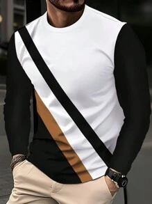 Men's Color Block Print Long Sleeve T-Shirt, Autumn - White - View 1