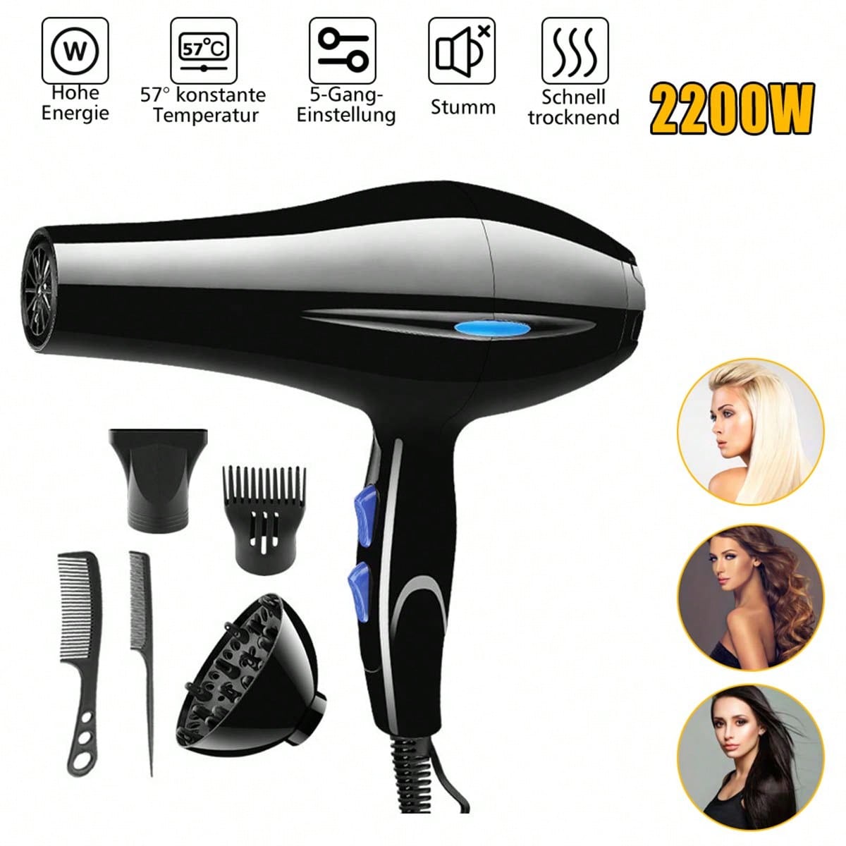 Hair Dryer, 2200W Hairdryer With Diffuser For Women Men, 2 Speed Setting, 2 Nozzles & 2 Styling Combs, Blow Dryer For Salon Home Travel