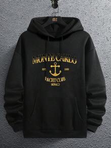 Men's Motorcycle Design Print Casual Sports Commuter Versatile Letter Embroidery Thermal Lined Hoodie Sweatshirt In Black