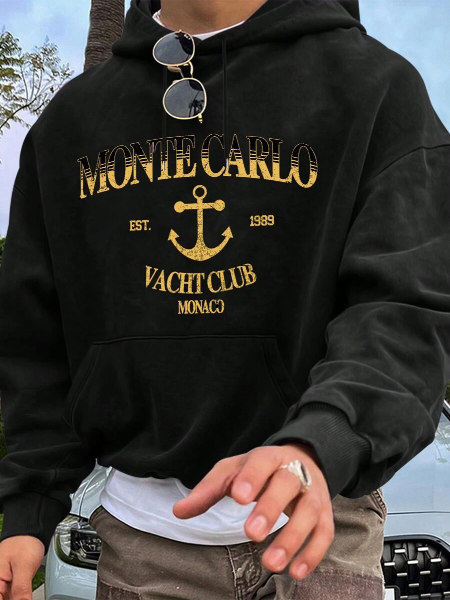 Men's Motorcycle Design Print Casual Sports Commuter Versatile Letter Embroidery Thermal Lined Hoodie Sweatshirt In Black