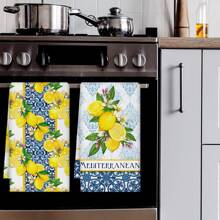 2 piezas/set Paño de cocina con estampado de limón de porcelana azul y blanco vintage, paño de cocina de secado rápido, tela decorativa de cocina y baño - Multicolor - Ver 11