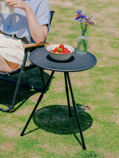 1pc Portable Folding Camping Table, Small Round Tabletop With 3-Legged Stand For Picnic, Outdoor Entertaining