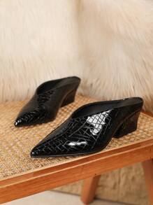 Zapatos de tacón de bloque de tacón medio con diseño de líneas, puntera puntiaguda, empeine profundo y unicolor para mujer, cómodos, con talón abierto, adecuados para el uso diario urbano, fiestas y eventos; Elegantes tacones altos pintado y con caja de punta ancha - Negro - Ver 3