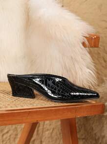 Zapatos de tacón de bloque de tacón medio con diseño de líneas, puntera puntiaguda, empeine profundo y unicolor para mujer, cómodos, con talón abierto, adecuados para el uso diario urbano, fiestas y eventos; Elegantes tacones altos pintado y con caja de punta ancha - Negro - Ver 6