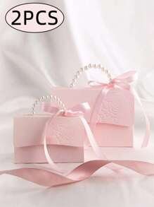 2pcs-Faux Pearl Decor Gift Bag, Simple Wrapping Bag For Party,Pearl Handle Decor Paper Gift Box,Exquisite Pink Gift Packaging Box For Valentine's Day Wedding Gift,Letterpress Printing Flower Candy Box Mini Packaging Bags Paper Box For Gift Set Box Small Gift Bags Wedding Favors Party Decor - Pink - View 2