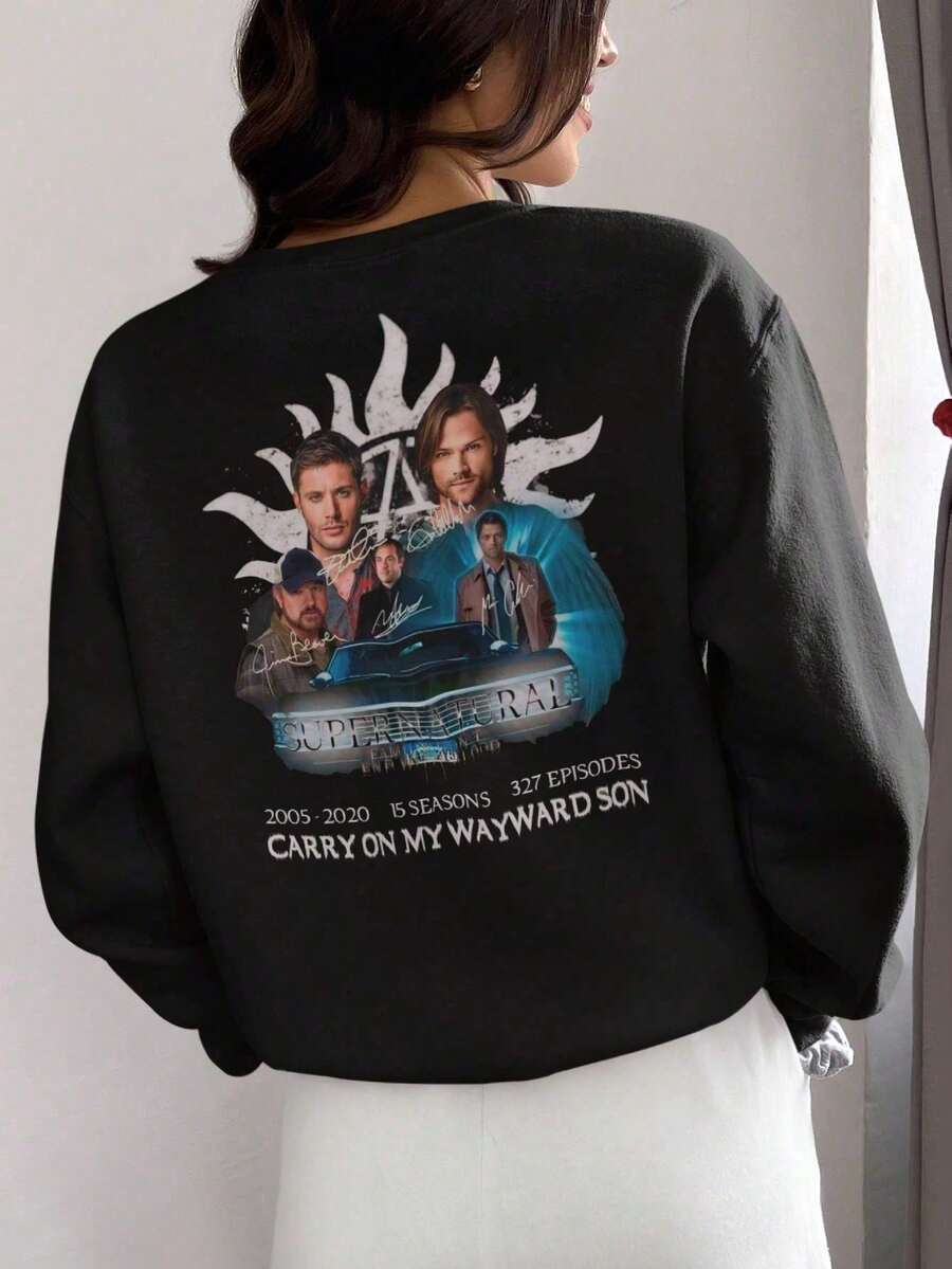 Round Neck Sweatshirt Classic Series Characters , Sam Winchester, Bobby Singer, Crowley And Castiel. - màu đen - Xem 1