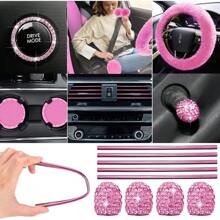 35-Piece Car Seat Cover Set With Steering Wheel Cover, Cup Holder Coasters, Shoulder Pads, And Accessories - Polyester Fabric Interior Decor Kit Without Filler,Pink Car Stuff - 粉色 - 查看 4