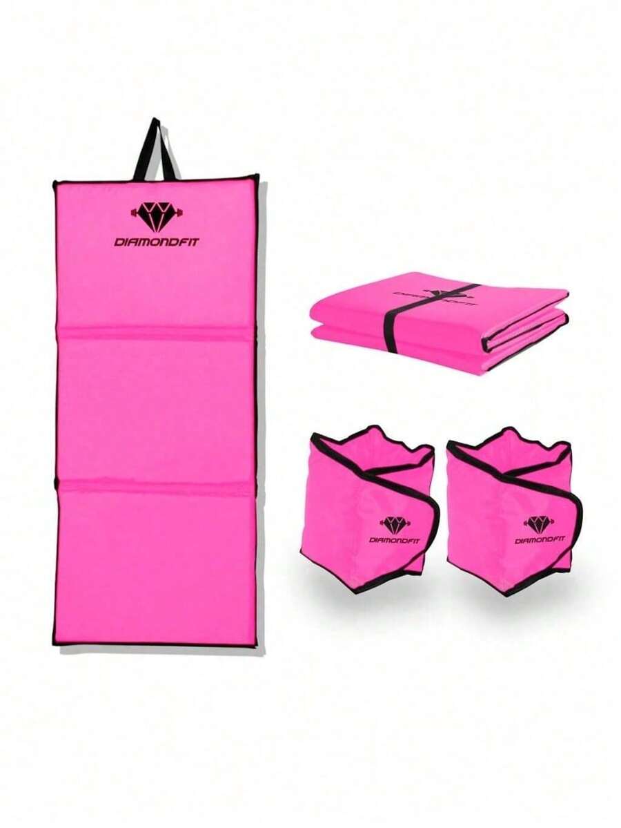 Kit Colchonete Dobrável D50 Academia Maleta + Par de Caneleira Musculação Fitness Tornozeleira Rosa - Multicolorido - Visão 1