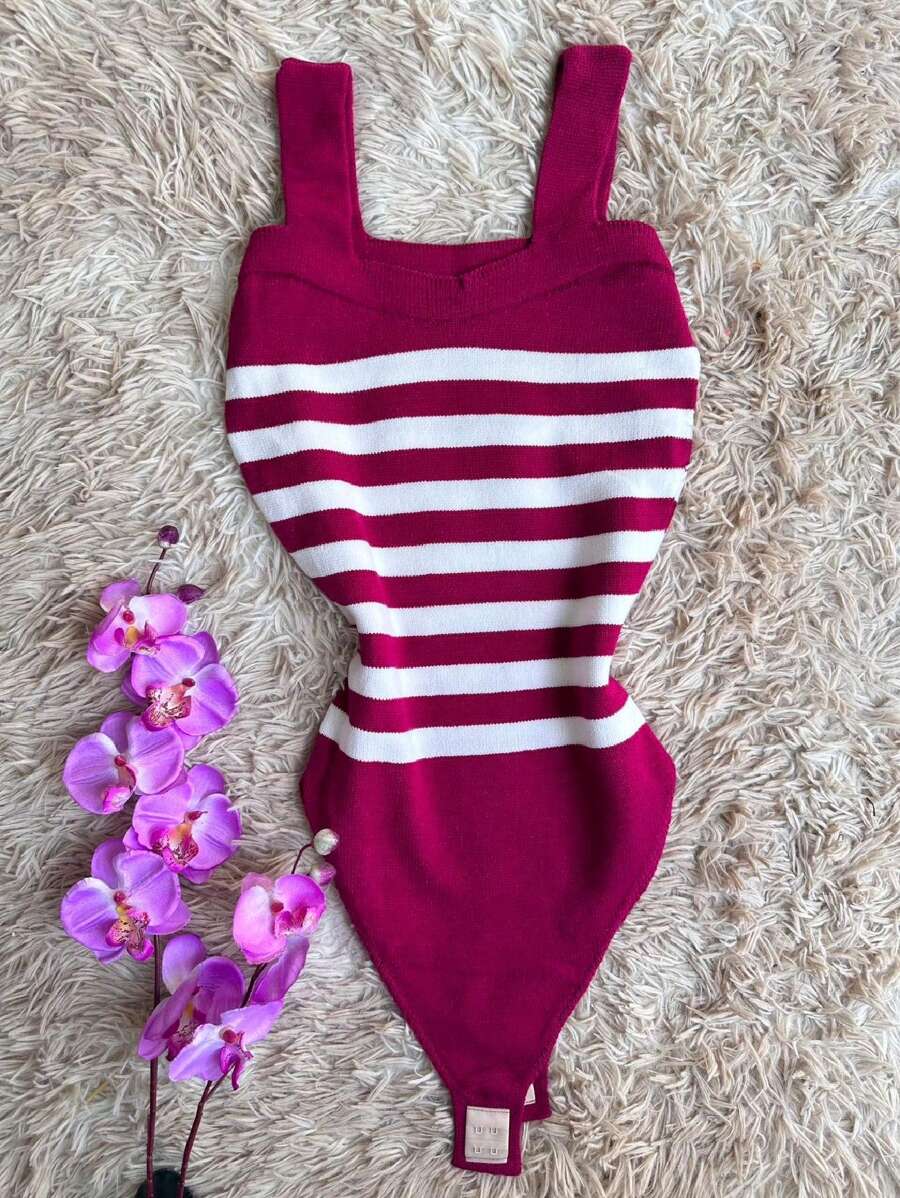 Striped Modal Bodysuit New Women's Fashion Collection - 玫瑰紅 - 查看 1