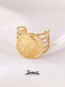1pc Vintage Stainless Steel Round Coin Ring, Geometric Shape, Punk Hip-Hop Style, Knuckle Open Ring, Fashion Accessory Gift - Ring - View 5