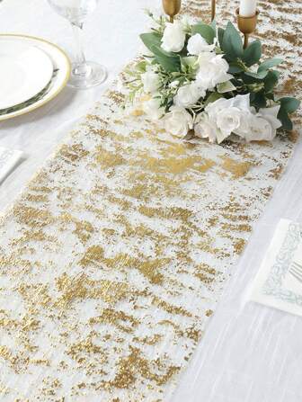 1pc Gold Table Runner, Gold Foil Polyester Mesh Tablecloth, Suitable For Banquet Table Setting, Birthday Party, Wedding, Thanksgiving, Valentine's Day, New Year Table Decoration, Home Decoration,Halloween, Christmas,Autumn Decor,Table Runner,Wedding Decorations