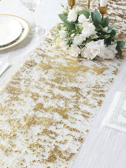 1pc Gold Table Runner, Gold Foil Polyester Mesh Tablecloth, Suitable For Banquet Table Setting, Birthday Party, Wedding, Thanksgiving, Valentine's Day, New Year Table Decoration, Home Decoration,Halloween, Christmas,Autumn Decor,Table Runner,Wedding Decorations