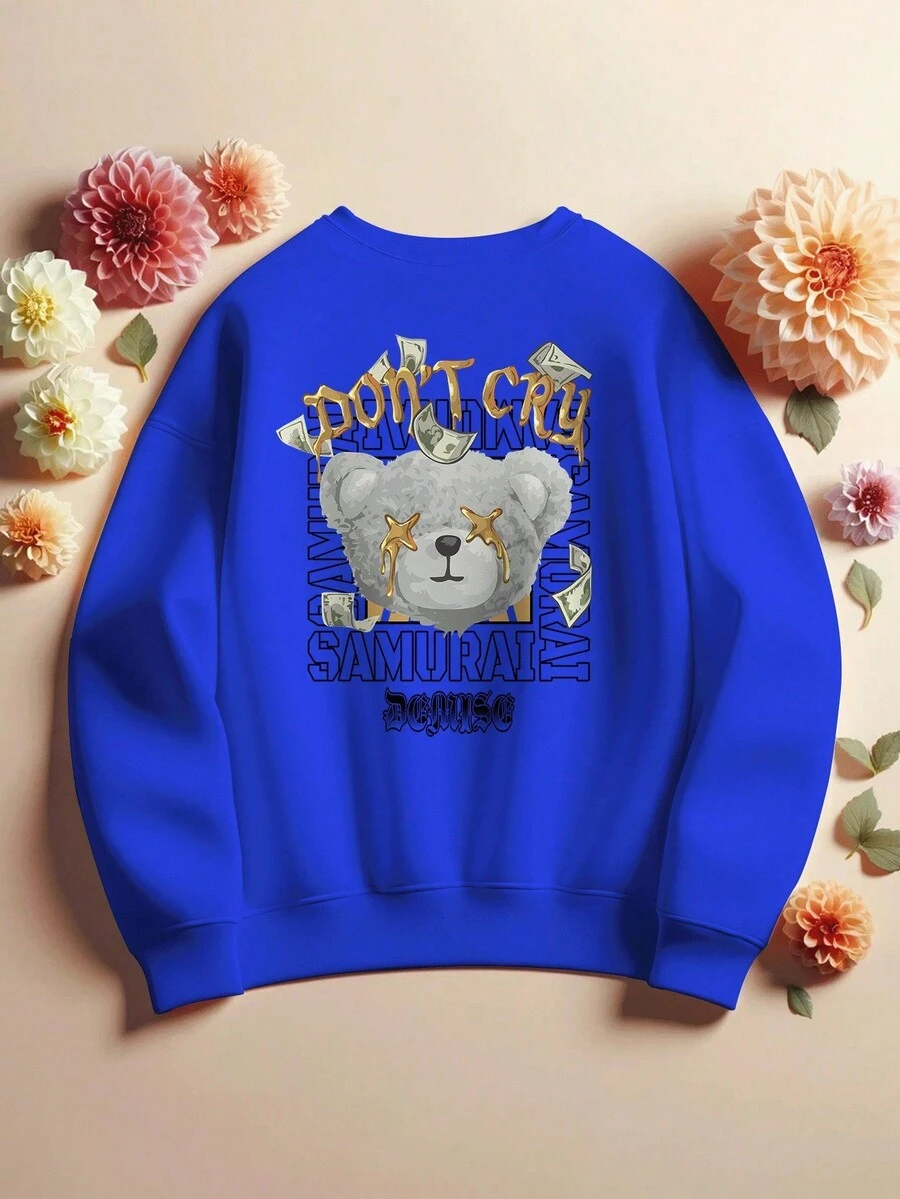 Dont Cry Bear Sweatshirt Blouse Style Oversized Streetwear GOLA 1153 - Royal Blue - View 1