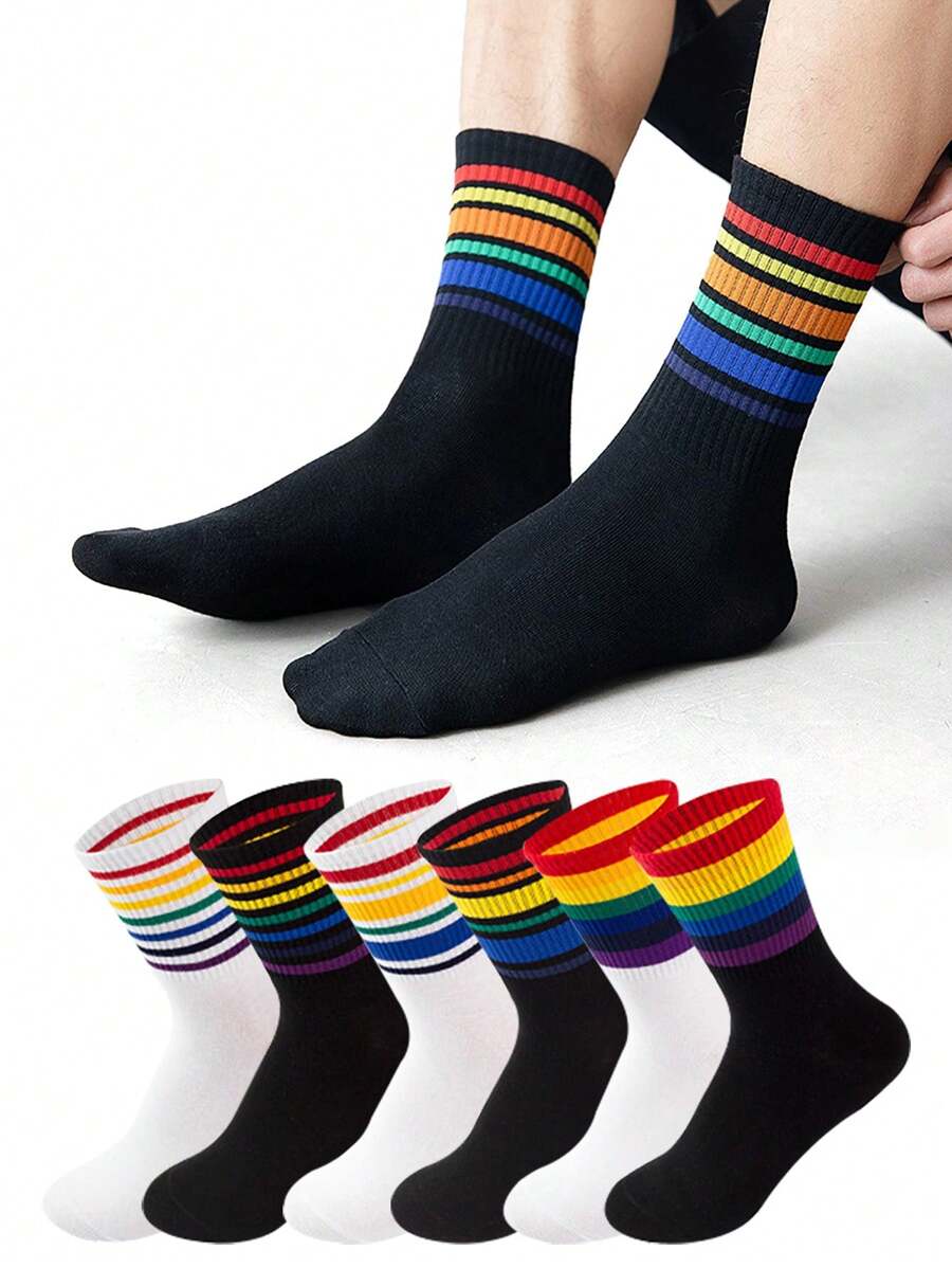 1/3 双男女通用黑白条纹彩虹新奇趣味踝袜，秋季男女适用 - 彩色 - 查看 1