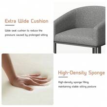 Set Of 4 Counter Height Bar Stools, 27" Modern Barrel Bar Stool With Black Metal Frames And Footrest, Linen Fabric Counter Stools With Curved Backrest And Arms, Upholstered Barstools Chairs For Kitchen Island Gray