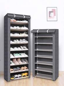 1pc Vertical Narrow Shoe Rack Organizer Tall Shoe Rack For Closet Entryway 10 Tier Non-Woven Cover Shoe Shelf Holds Free Standing Shoe Storage Cabinet With Dustproof Cover - Grey - View 2