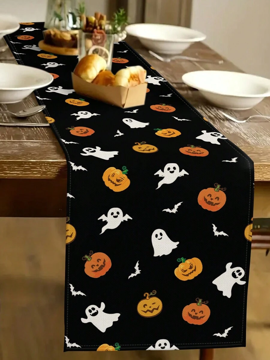 1 pieza Camino de mesa con diseño de fantasma, calabaza y murciélagos para Halloween, decoración de cocina espeluznante para fiestas, decoración de otoño para el hogar, suministros para fiestas de Halloween para interiores y exteriores - Multicolor - Ver 1