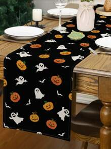 1 pieza Camino de mesa con diseño de fantasma, calabaza y murciélagos para Halloween, decoración de cocina espeluznante para fiestas, decoración de otoño para el hogar, suministros para fiestas de Halloween para interiores y exteriores - Multicolor - Ver 4