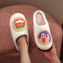 Pantuflas de peluche con estilo vintage, bordado adorable de dulces, galletas, calabaza y fantasma de Halloween, para uso unisex, regalo festivo