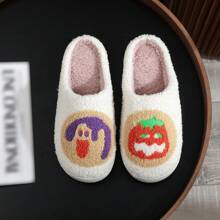 Pantuflas de peluche con estilo vintage, bordado adorable de dulces, galletas, calabaza y fantasma de Halloween, para uso unisex, regalo festivo